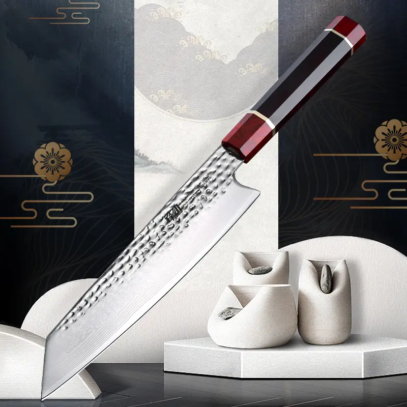 FINDKING 9 Inch Kiritsuke Knife with Walnut Cover, Japanese VG10 Damascus Steel, Razor-Sharp Blade, Ebony Wood Octagonal Handle, Prestige Series, Professional Sashimi Sushi Fish Knife, with Wooden Gift Box