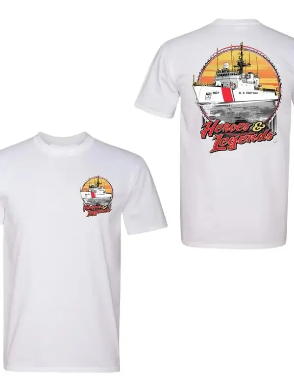 HEROES & LEGENDS T-Shirt – Military Tee Featuring Front Chest Logo & U.S. Coast Guard Cutter Back Graphic, Retro Patriotic USCG Ship Design Novelty Gift for Veterans & Coast Guard Enthusiasts, Menswear Medium Men's
