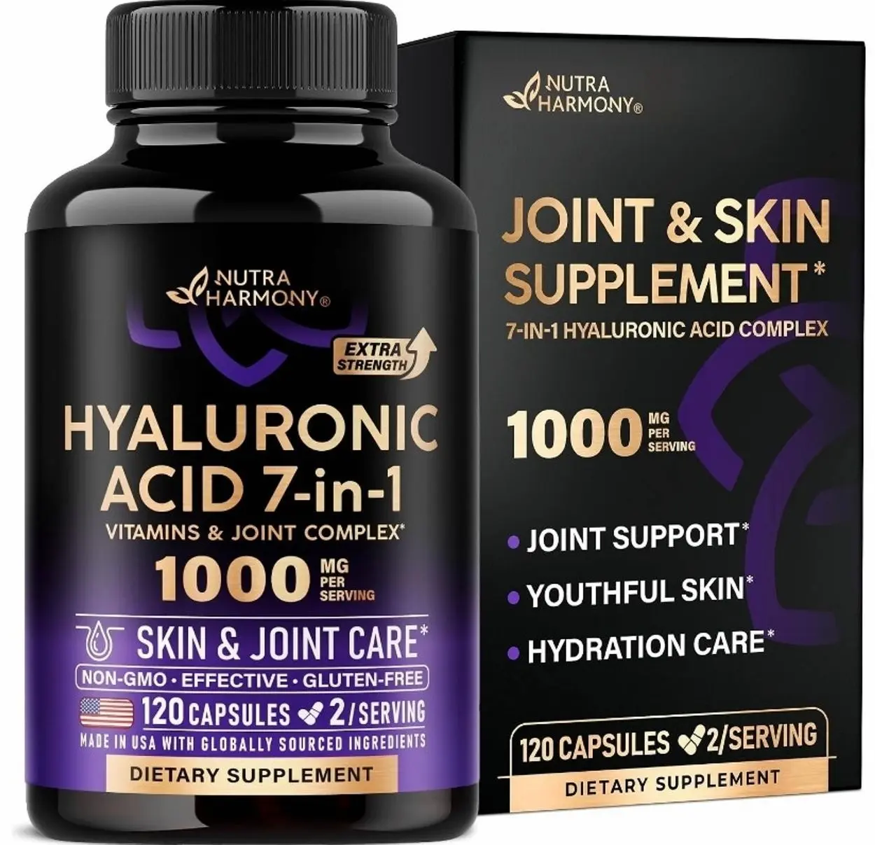 Hyaluronic Acid Supplements 1000mg - Skin & Joint Support - 120 Caps | Hyaluronic Acid Capsules - 7in1 Complex for Men & Women - Collagen | MSM | Boswellia | Vitamin D3, C & E - Lab Tested