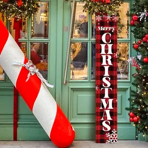 Wooden Merry Christmas Welcome Porch Sign Decorative Plaque Home Yard Party Decorations Xmas Hanging & Stand Sign Plaid Snowflake Design Wooden Christmas Welcome Sign Wall Art Sign Indoor Outdoor Decor