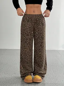 YYTK2025DEC028 Women's Y2k Leopard Print Pants Drawstring Waist Wide Leg Loose Trousers, Elastic Waisted Pants, Spring & Fall Women's Wide Leg Pants, Loose Fit Slimming Drag-Length Outdoor Sports Casual Long Pants