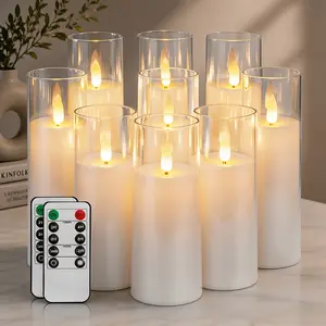 【Set of 9】Pure White Acrylic Flameless LED Candles, Battery Operated With Remote Control and Timer, Electric Fake Candles for Wedding, Home Decor, D2.2 xH 5" 6" 7"