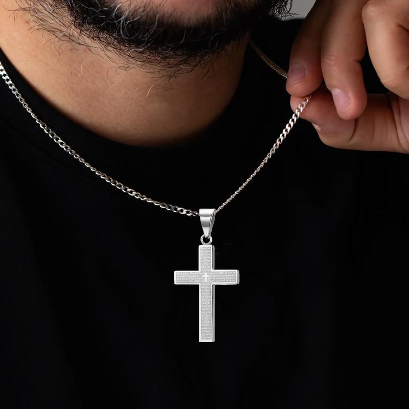 PeregrinaX 3D Bible Verses Cross Necklace for Men and Women 3.5mm Stainless Steel Unisex Cuban Chain Necklace 18-26 Inch Jewelry Gift