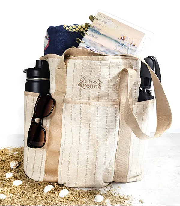 Nantucket Tote Bag | Beige Pinstripe Canvas