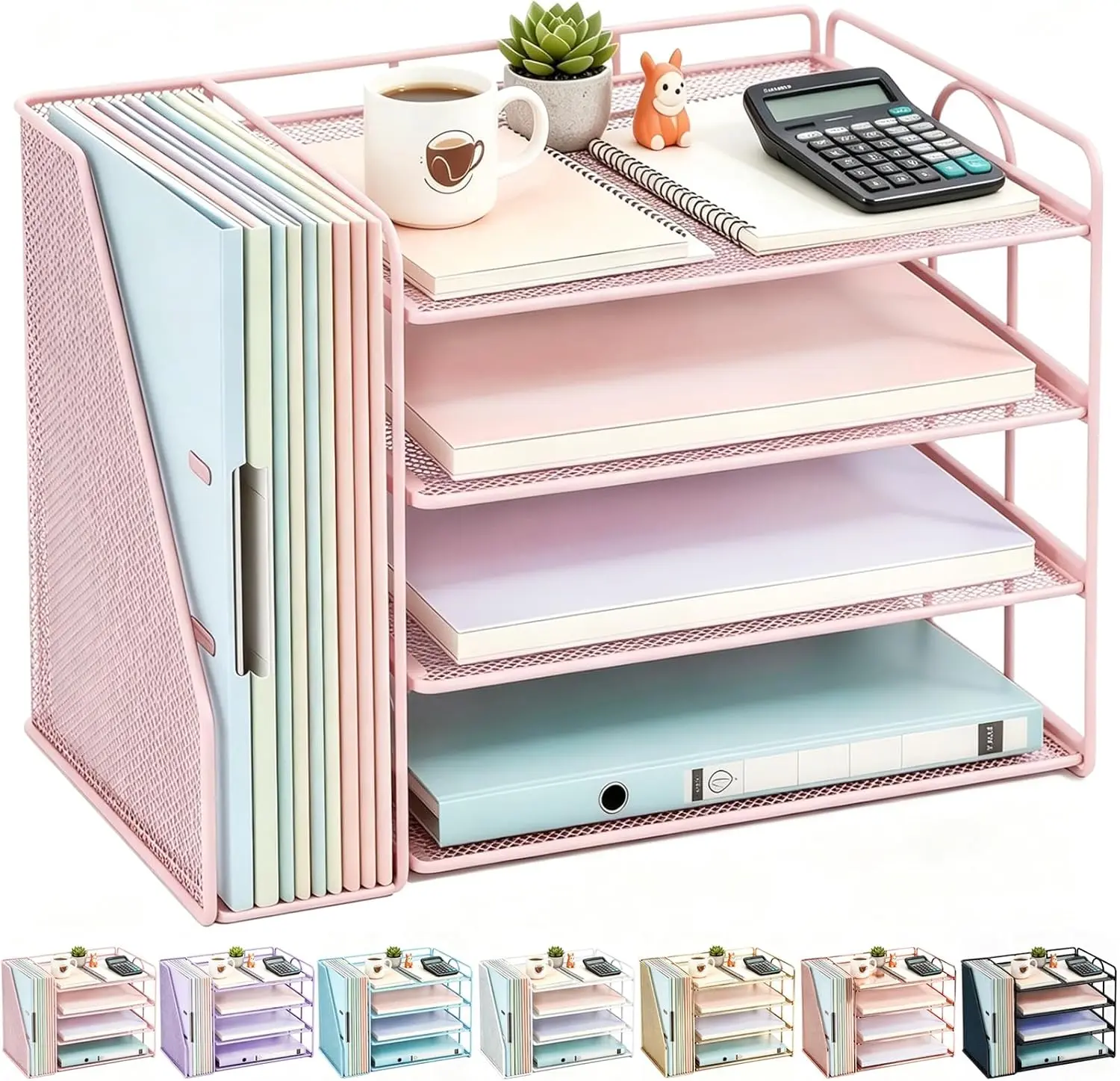4-Tier Desk Paper Organizer with Magazine Holder, File Organizer and Letter Tray for Documents, Office Supplies and Workspace Storage, Pink