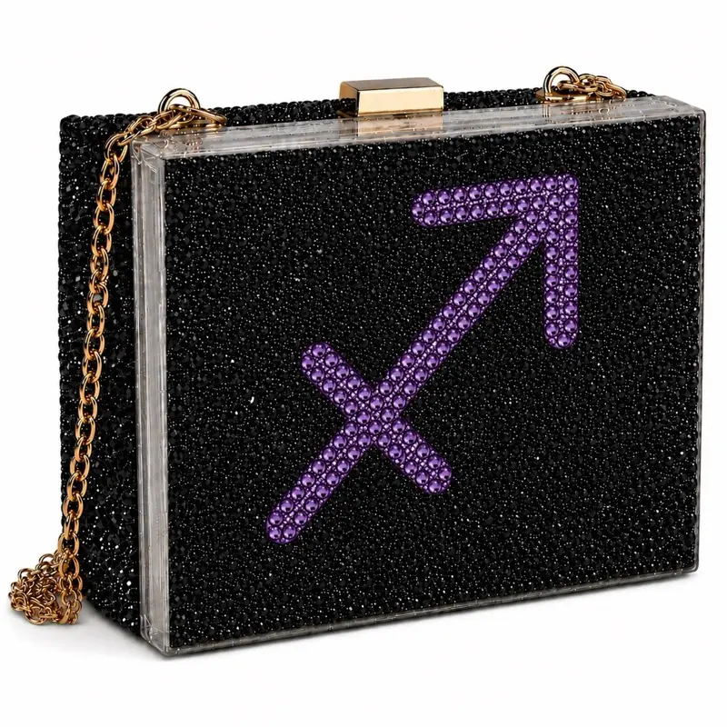 Sagittarius Cadbury Purple & Jet Black Luxe Crystal Custom Zodiac Box Clutch Bag