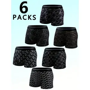 6pcs Men's Printed Boxer Briefs, Breathable And Comfortable Stretch Long Boxer Shorts, Sports Shorts, Daily Casual Stretch Underwear.