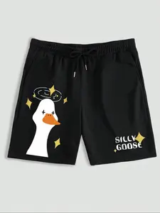 Men's Cartoon Goose & Letter Print Drawstring Sleep Shorts, Regular Fit Casual Comfy Elastic Waist Pocket Bottoms for Daily Wear, Sleepwear Loungewear for All Seasons, Pajama Shorts