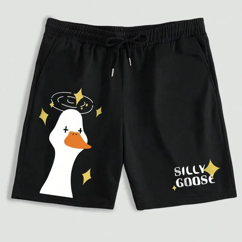Men's Cartoon Goose & Letter Print Drawstring Sleep Shorts, Regular Fit Casual Comfy Elastic Waist Pocket Bottoms for Daily Wear, Sleepwear Loungewear for All Seasons Shorts Nightwear