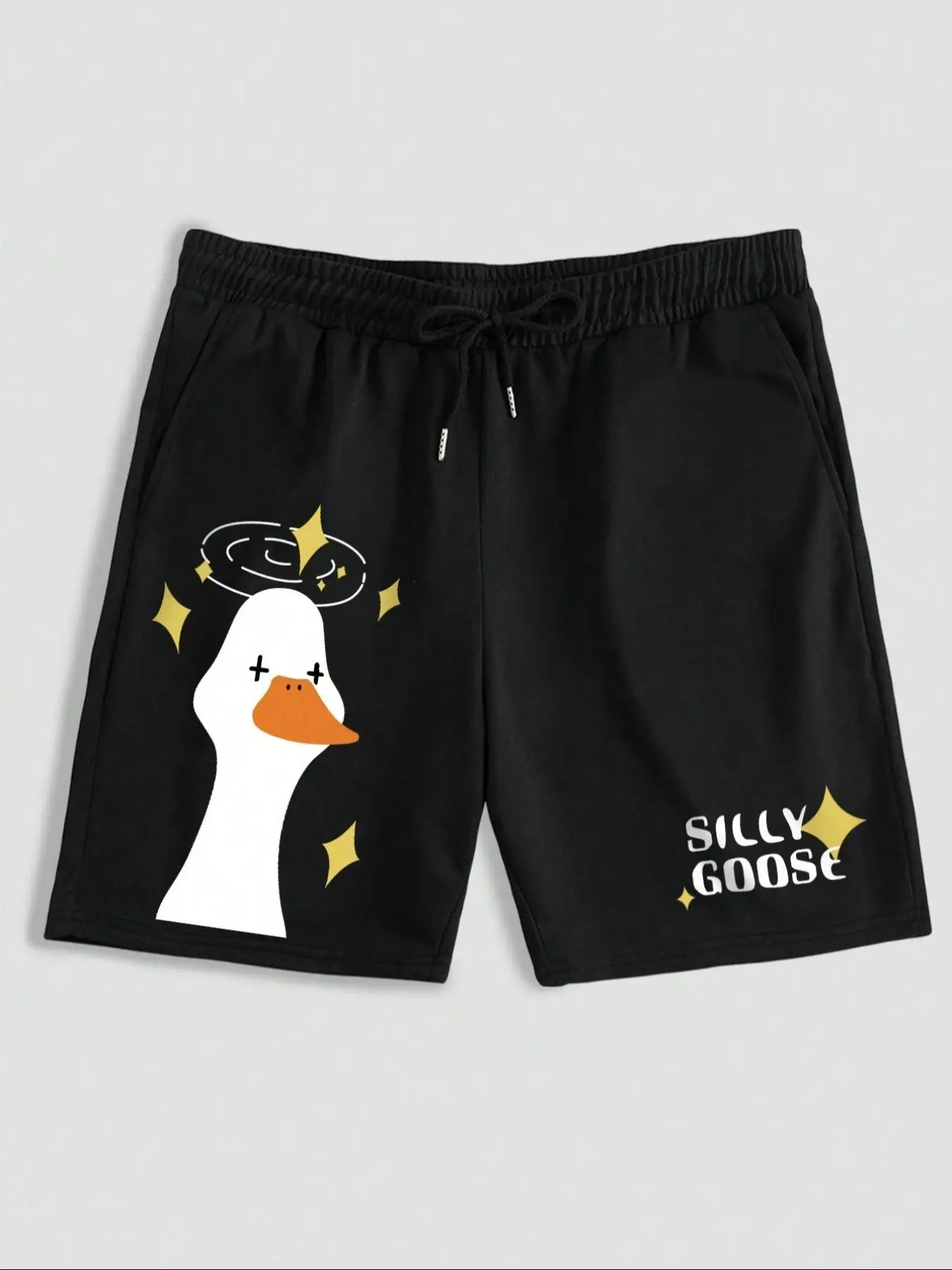 Men's Cartoon Goose & Letter Print Drawstring Sleep Shorts, Regular Fit Casual Comfy Elastic Waist Pocket Bottoms for Daily Wear, Sleepwear Loungewear