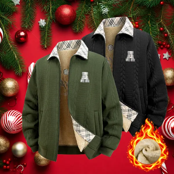 Men Winter Thermal Sherpa Lined Jacket Twist Quilted Fabric Plaid Lapel Zipper Coat Letter Embroidery Casual Warm Outerwear, Single & Multi Pack Options, Two Colors Army Green and Black
