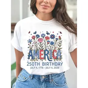 250th Anniversary Floral TShirt with Colorful Patterns Featuring Blue Red and White Letters Including Butterflies and Flowers Comfortable Casual Crew Neck Top Perfect Independence Day and Holiday Gift
