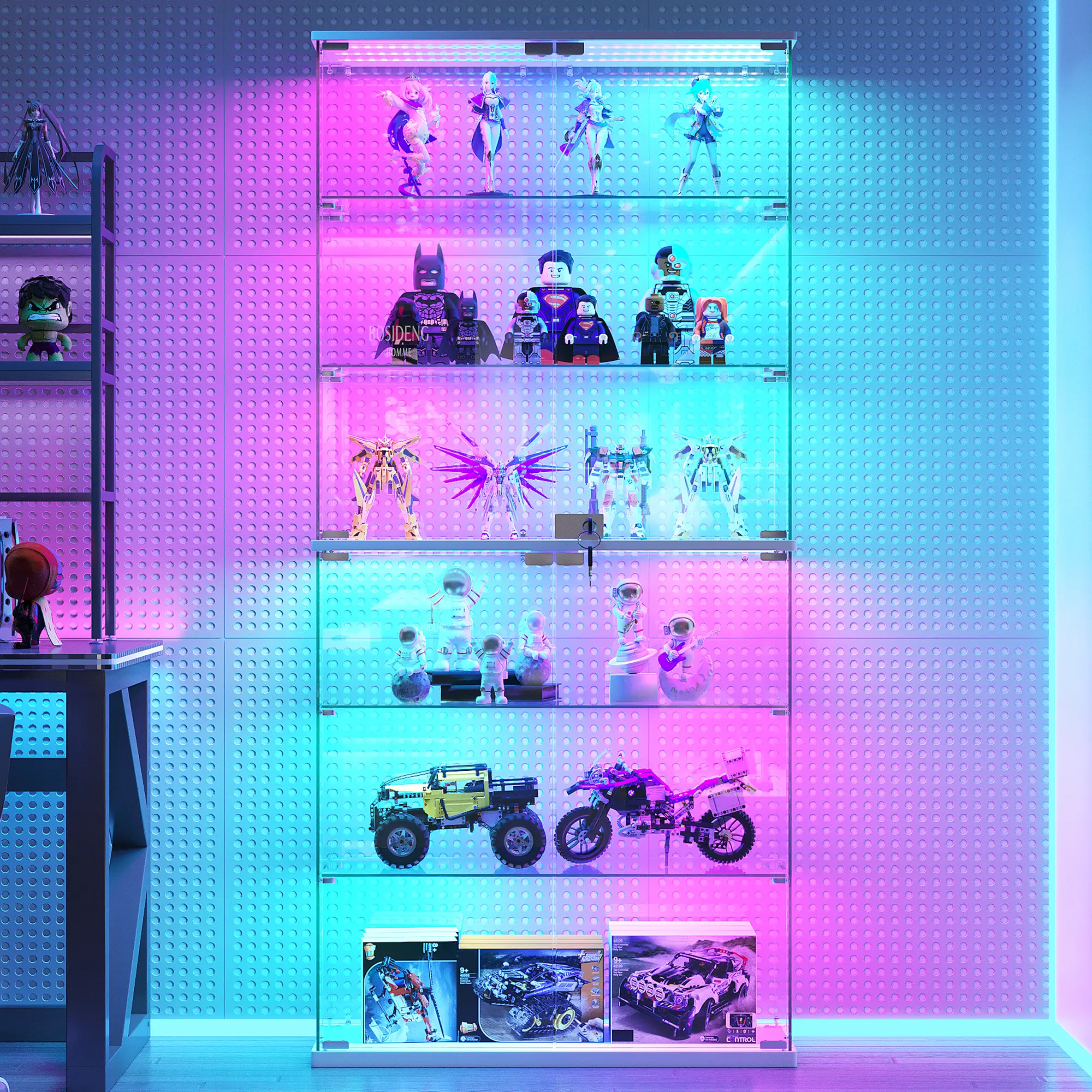 FREDEES  Display Cabinet with Glass Doors, 70" Tall Clear Curio Cabinet with RGB LED Lights for Collectibles, Figures, Lighted 6-Tier Glass Display Case for Living Room