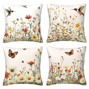 Spring Pillow Cover Farmhouse Wind Pillow Cover Flower and Bird Decorative Cushion Cover Suitable for Sofa, Outdoor, Bedroom, Car 4-piece Set Double sided Printing