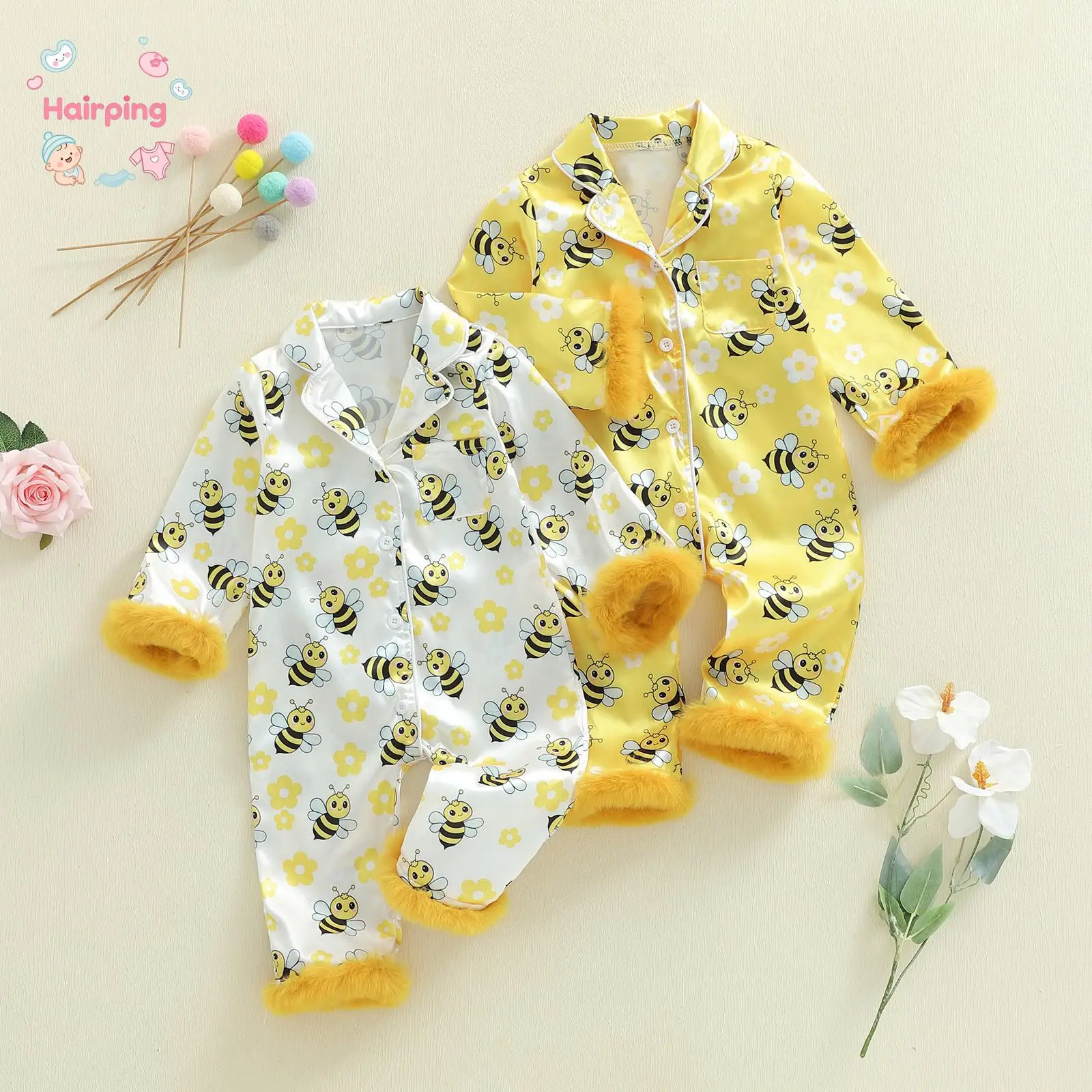 Toddler Baby Girl Pajama, Bee Flower Print Fuzzy Trim Long Sleeve Button-up Jumpsuit Cute Fall Sleepwear, Casual Baby Girls Pajama