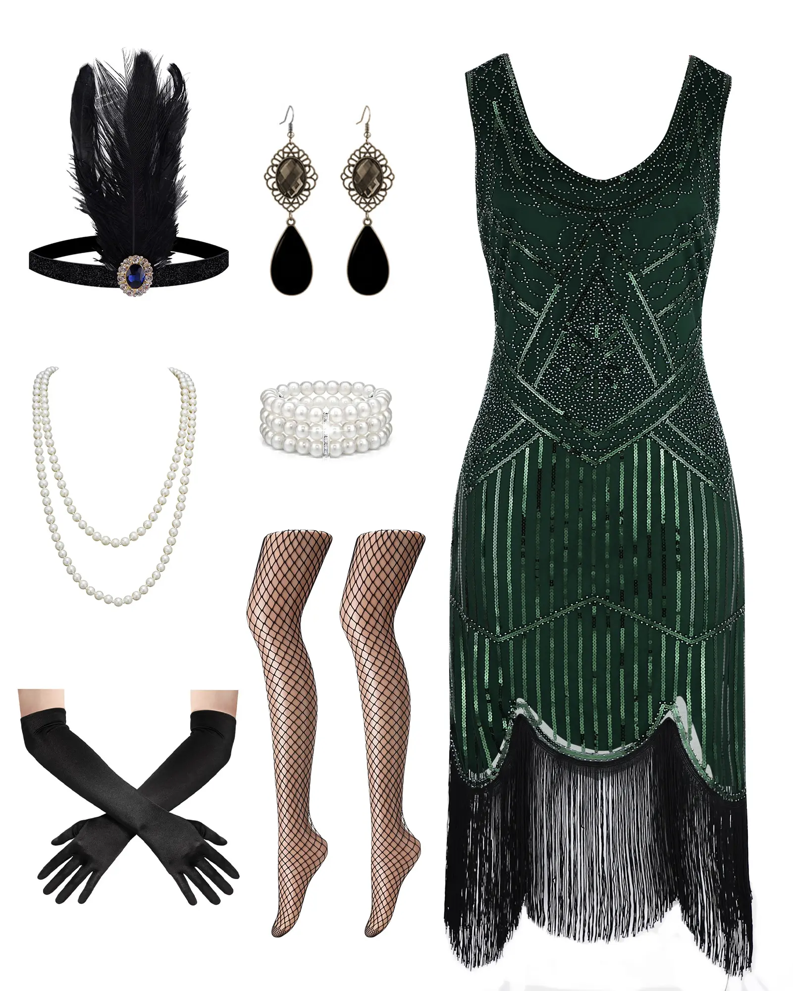 Wome1920sFlapperCostume #GreatGatsbyOutfit #Roaring20s #HalloweenCostumeWomen #PartyDressn 1920s Flapper Costume Set Great Gatsby Fringe Dress with Feather Headband Pearl Necklace Gloves Stockings Earrings Bracelet Roaring 20s Party Outfit