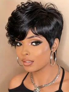 Elegant Pixie Cut Human Hair Wig for Women, Short Straight Style with Bangs, Machine-Made Rose Net Cap, Ideal for Casual Wear and Costume Parties