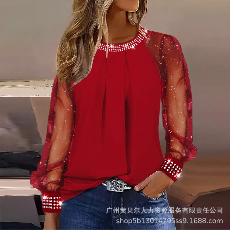 Women's Rhinestone Mesh Sleeve Top, Casual Fitted Blouse with Sparkling Details, Stylish Fashion Tee Fabric Light Women's Rhinestone Mesh Sleeve Top, Casual Fitted Blouse with Sparkling Details, Stylish Fashion Tee Fabric Light
