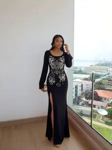 Gothic Dark Series Print Round Neck Long Sleeve High Slit Dress, Women's Festival Fashion Formal Maxi Dress, Stylish Party Wear