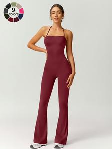 women's solid color flare leg sports jumpsuit, casual comfy breathable jumpsuit for yoga gym workout, ladies sportswear for summer