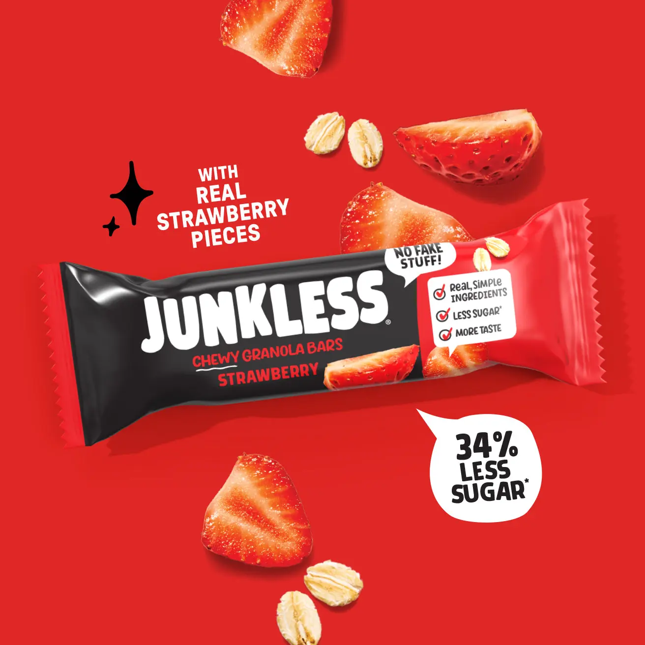 JUNKLESS Chewy Granola Bars Strawberry (12 ct) - Simple Ingredients Less Sugar Gluten Free No Fake Stuff