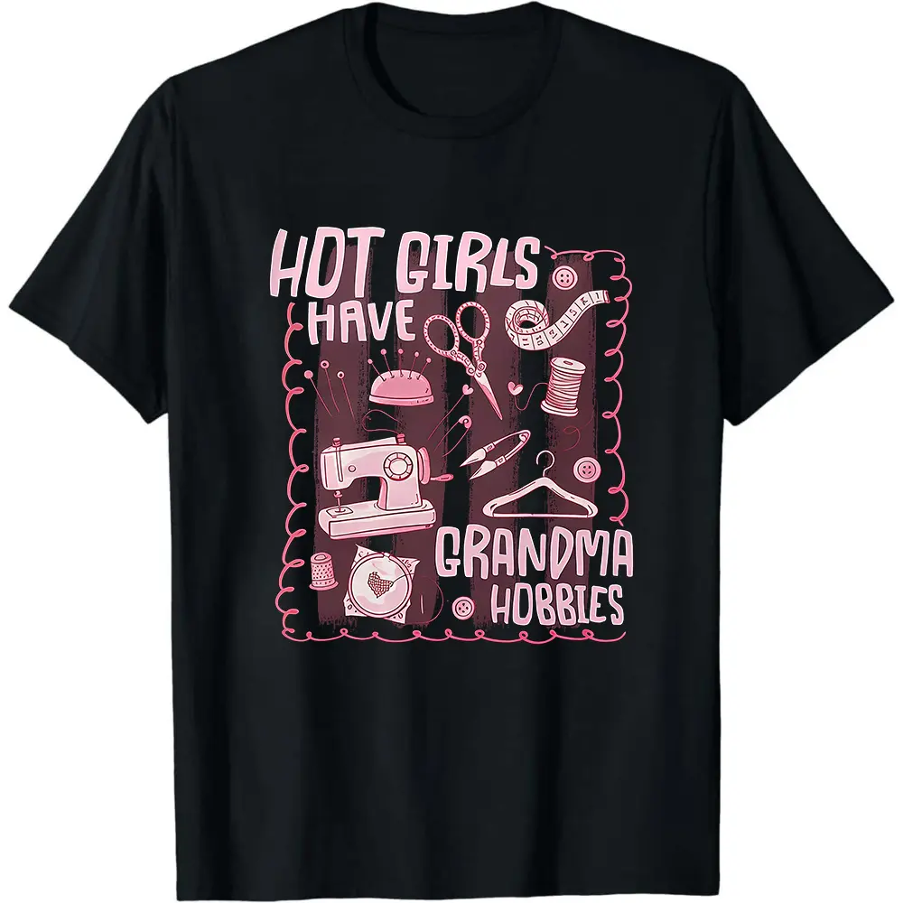 Men's Casual Seamless Shortsleeve Tshirt - Round Neck, Smooth Cotton Fabric, Funny Sewing Lover Graphic Top with "Hot Girls Have Grandma Hobbies" Slogan for Crafting Enthusiasts
