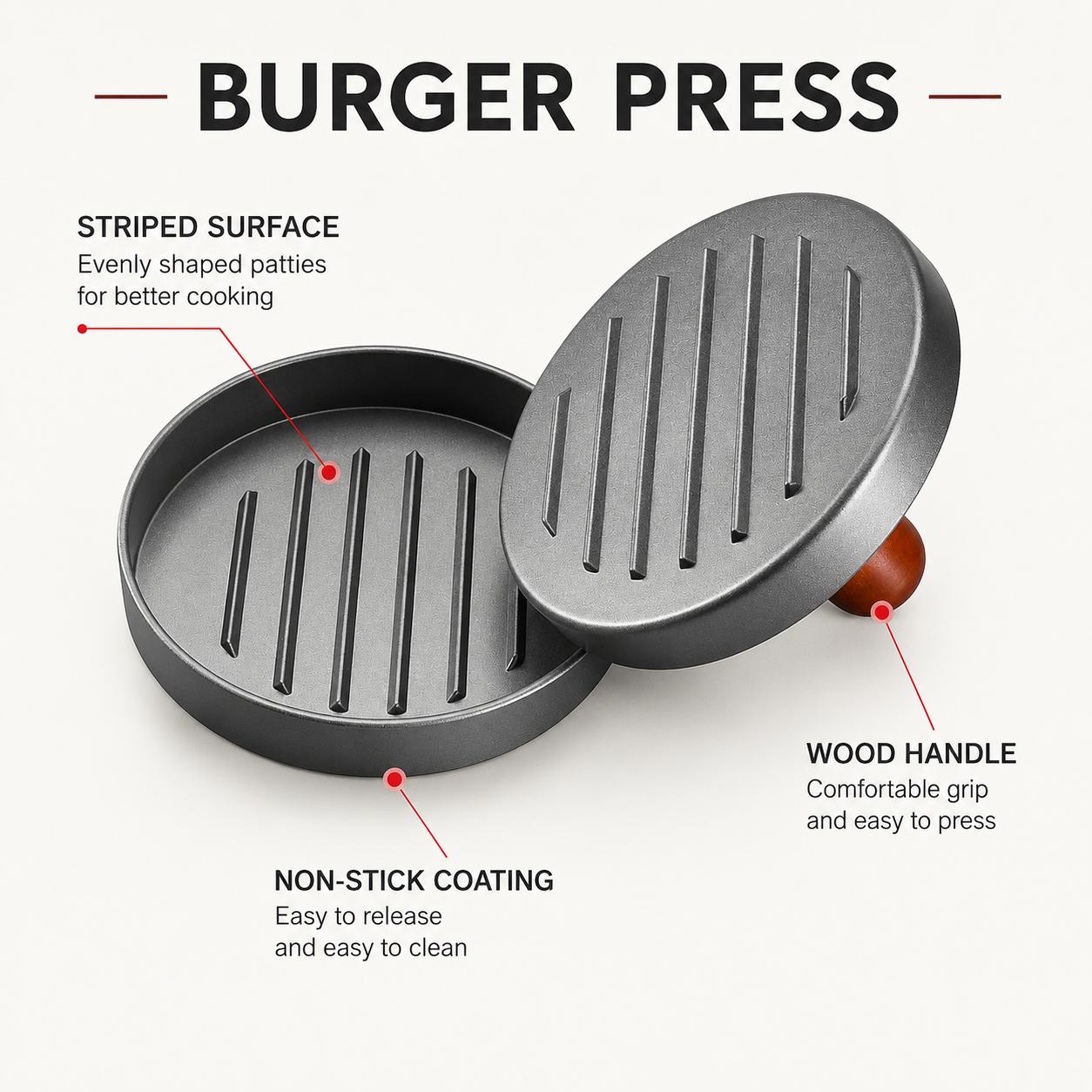 Single Non-Stick Burger Press Patty Maker - Smooth, Lightweight, Sturdy Kitchenware Utensil for Outdoor Grill, Backyard Barbecue, Griddle Cooking, Handheld Labor-Saving Meat Shaper for Uniform Thickness Beef, Cheese, Veggie Patties, Grill‑Ready Tool