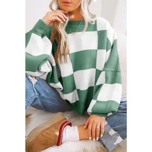 Green Checkered Bishop Sleeve Sweater