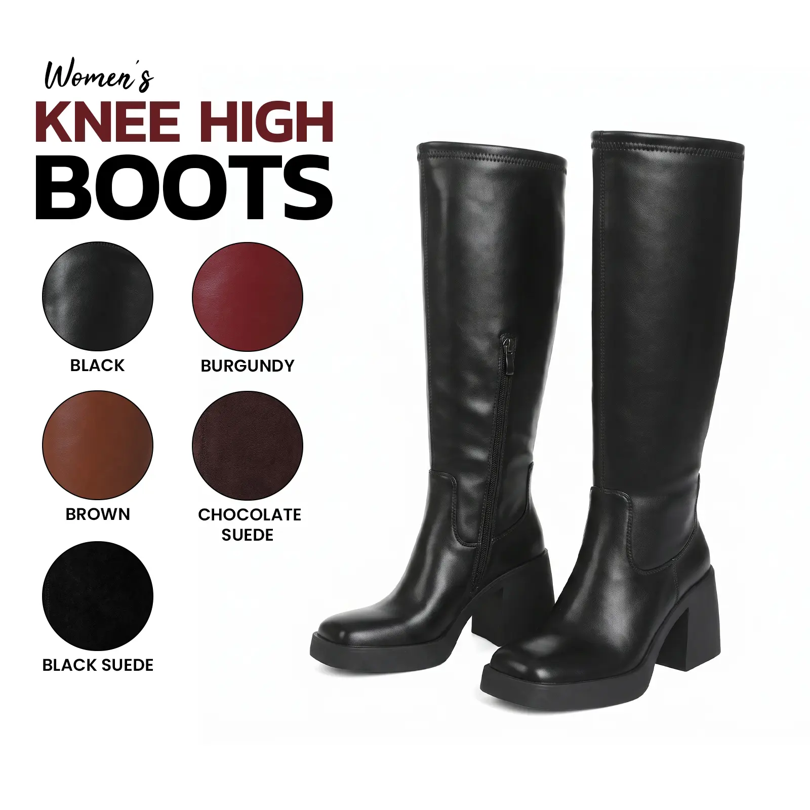 VIMISAOI Women Knee High Boots Square Toe Chunky Block Heel Side Zipper Classic Modern Grunge Chic Everyday Style Office Work Date Party Dress Shopping Travel Business Casual Streetwear Tall Long Y2K Stylish Fashion Boots Shoes Tiktok Shop Back To School