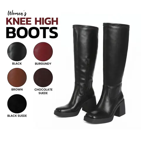 VIMISAOI Women's Knee-High Boots - Square Toe, Chunky Block Comfortable Heels, Side Zipper, PU Leather Footwear with Grunge Aesthetic & Alternative Style for Office, Date, Everyday Wear