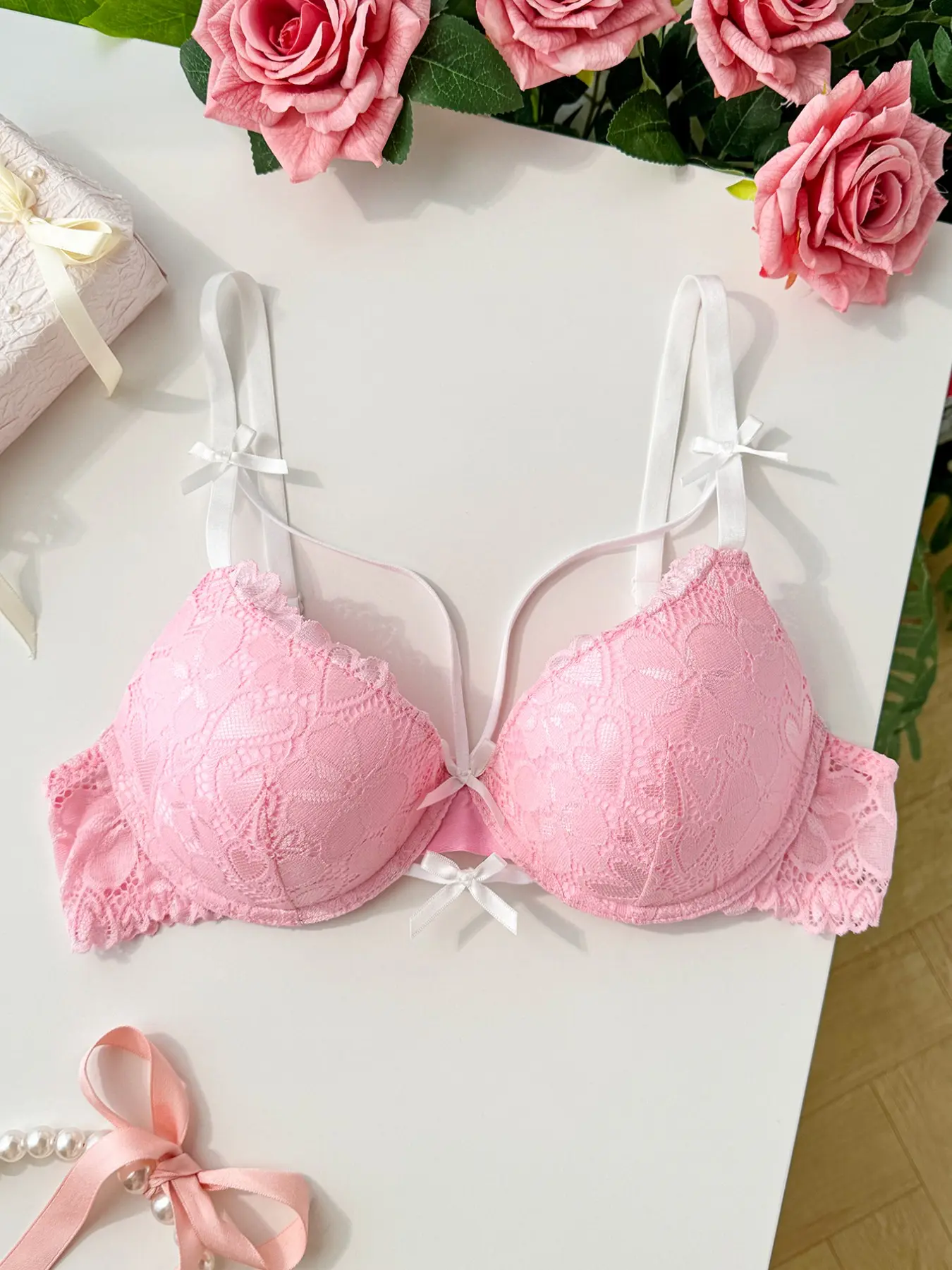 Limited Edition Sweet Heart Lace Bow Cute Sexy Deep V Push-Up Women's Lingerie Set, Slim-Fitting Underwire Bra, All Seasons, Underwear