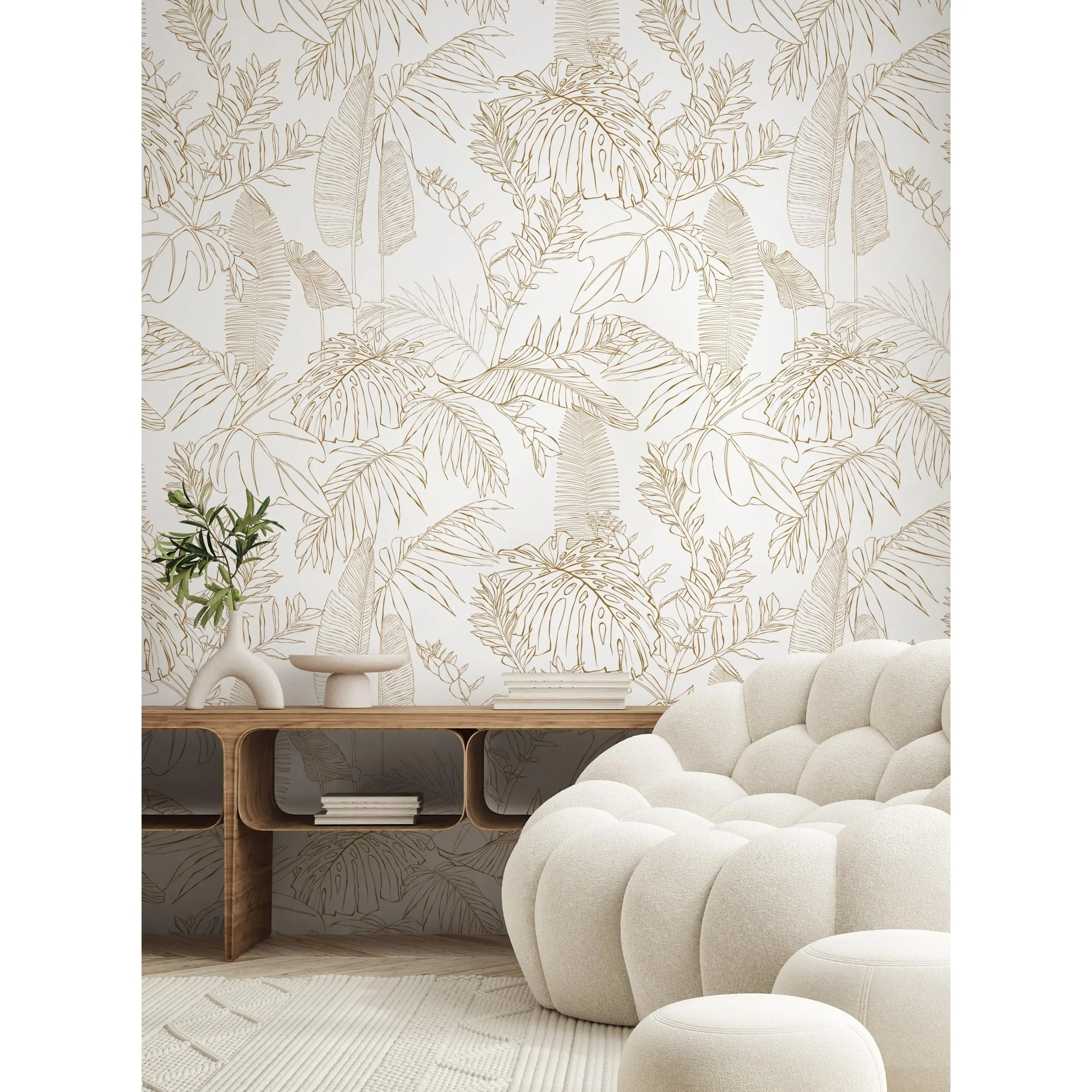 Hand Drawn Green Jungle Leaves Peel and Stick Mural, Peel and Stick Wall Decor, 48"w Every 2 Sheets