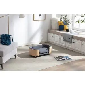 Scandinavian style Elevated Dog Bed Pet Sofa With Solid Wood legs and Bent Wood Back, Velvet Cushion,Small Size