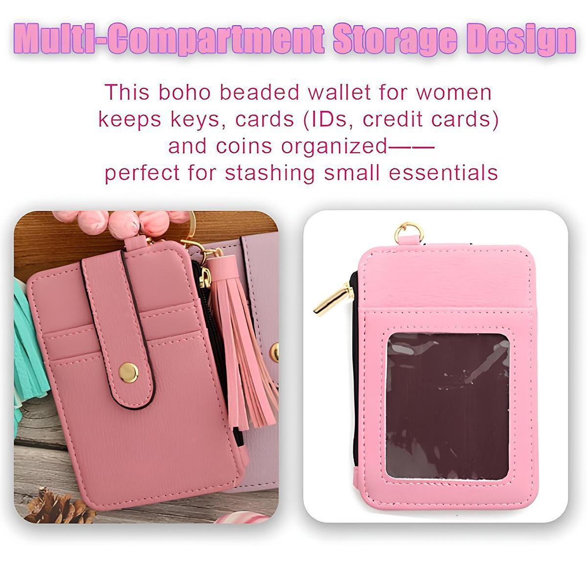 JUSIEX Boho Style Beaded Tassel Keychain Wallet, Women's Fashionable Wristlet Bracelet Wrist Purse Keychain Credit Card Holder, Trendy All-match Keychain for Birthday Gift | Graduation Gift | Mother's Day Gift