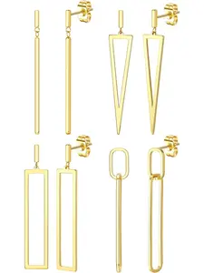 4 Pairs Geometric Earrings for Women Teen Girls Gold Silver Black Stainless Steel Long Link Rectangle Triangle Bar Earring Set Minimalist Jewelry