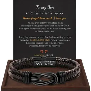 Stainless Steel Leather Bracelet To My Son To My Grandson To My Dad Braided Jewelry for Men Festival Gift Row Magnetic Closure