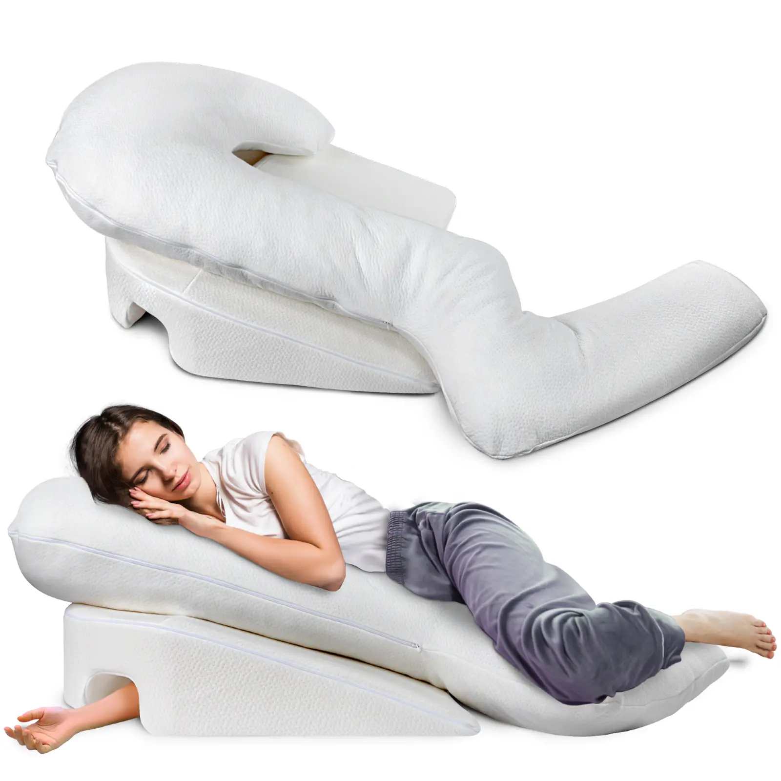 J-Shaped Memory Foam Side Pillows with Armholes, Height-Adjustable Large Sleep Cushion, Removable-Washable Pillowcases, Removable Bolster Pillows for Sleeping with Memory Foam Cushioning,body pillow