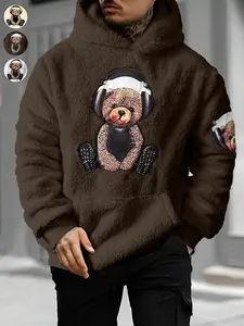 Multicolor Faux Lamb Fur Hoodie with Cartoon Bear Print, Fall & Winter Warm Casual Long Sleeve Sweatshirt for Men and Women, Comfortable Daily Wear