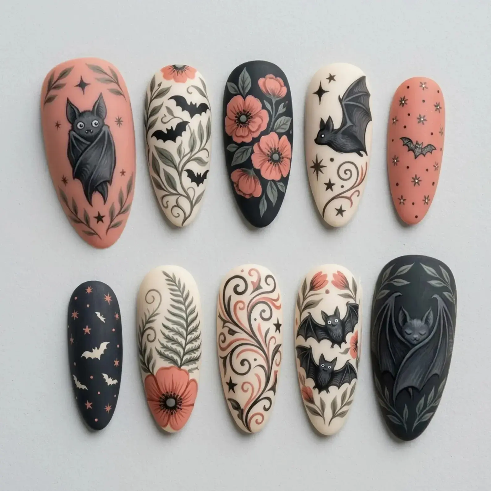 Gothic Bat Press-On Nails - Hand-Painted Almond False Nails with Bat Floral Designs, Dark Cottagecore Witchy Spooky Cute Art Set