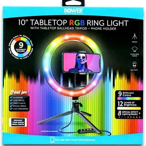 Bower 10-Inch Tabletop RGB Ring Light with Ball Head Tripod & Phone Holder - 9 Colors, 12 Brightness, 8 Lighting Modes for Selfie & Live Streaming
