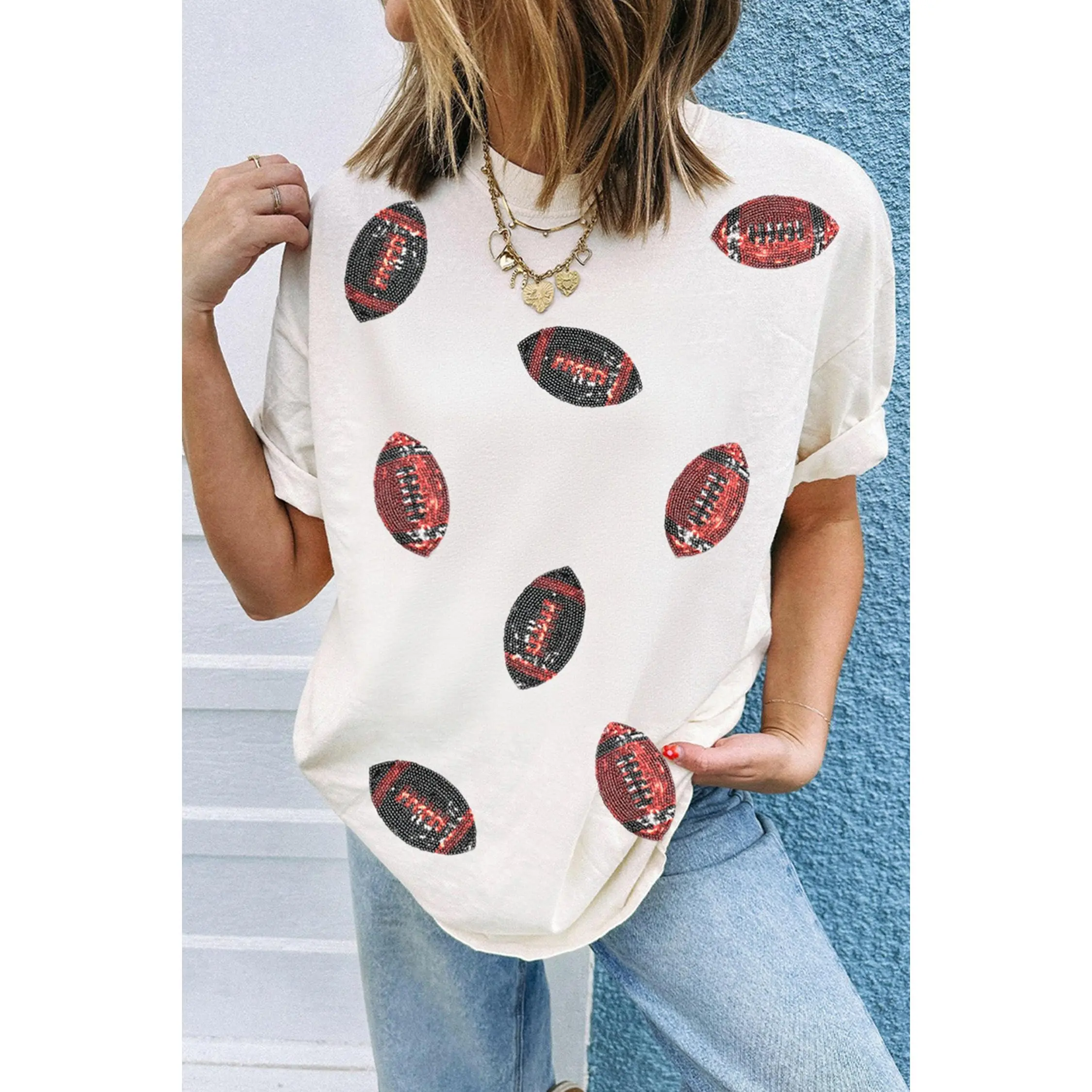 White Sequin Rugby Pattern Round Neck Casual T Shirt