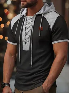 Spring New Colorblock Waffle Knit Hoodie, Drawstring Design, Short Sleeve, Casual Fashion, Perfect for Parties