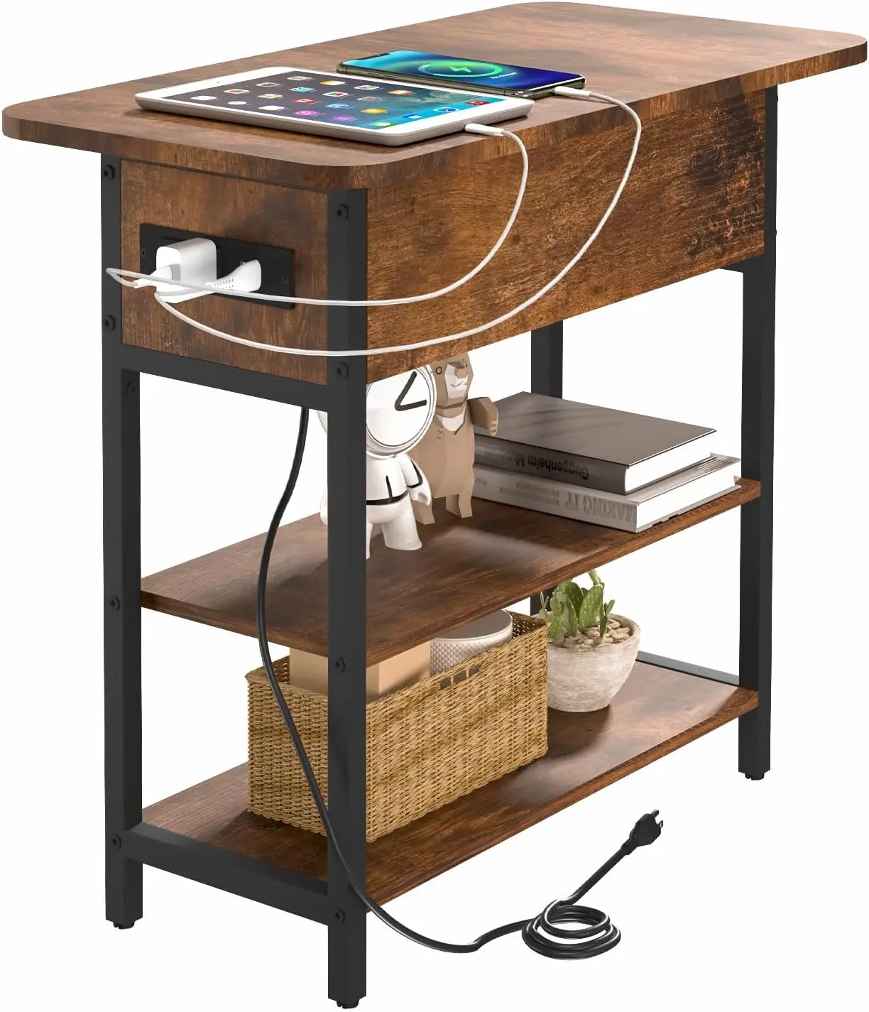 Rustic Narrow Flip-Top End Table with Steel Frame, Charging Station, USB + Outlet Ports, Compact Storage Shelves, Simple Setup for Small Living Room Spaces