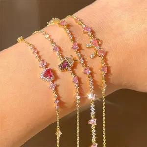 Pink Hearts Zircon Butterfly Festival Bracelet Feminine Girls Funky Sweet Cute Shiny Zircon Bow Chain Bracelet Jewelry Feminine Party Gift