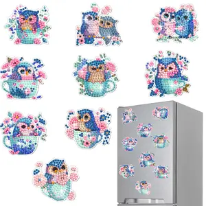 9pcs DIY Owls Diamond Painting Kits Fridge Magnets, Round Rhinestone Diamond Art Refrigerator Magnets for Beginners for Home Kitchen, Office Refrigerator Decoration, Acryl Material, Great Birthday, New Year, Christmas Gifts for Friends and Family