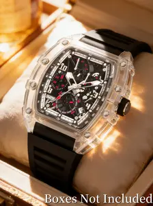 Bucket Type Transparent Crystal Shell Men's Watch, Quartz Dial, Calendar Display, Rubber Strap, Sporty Style, All Seasons, Quartz Analog Watch