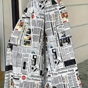 Newspaper Print Wide Leg Pockets Pants, Casual & Versatile High Waist Pants For Spring & Summer, Women's Clothing Lady Bottom Comfortable Trouser Womenswear Breathable