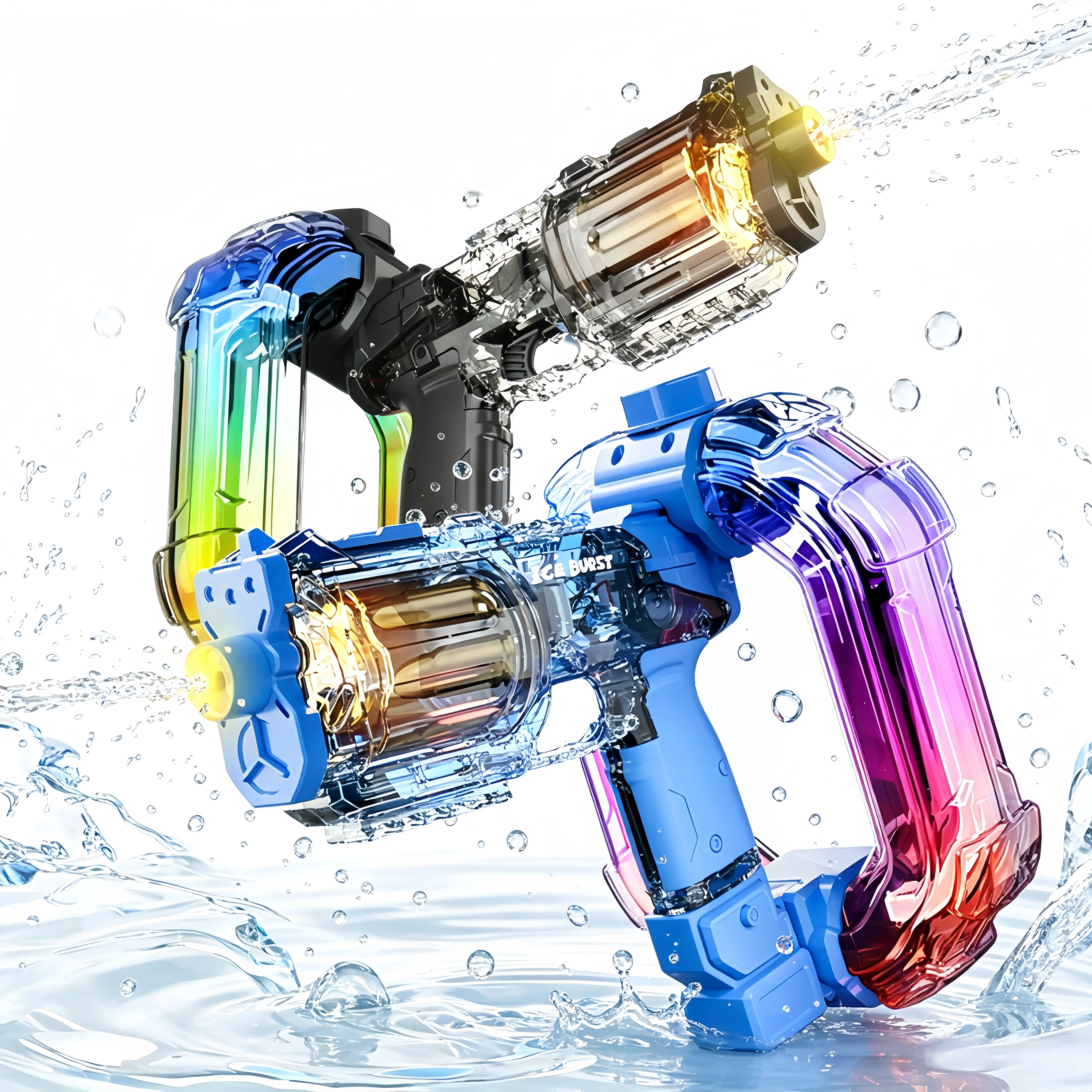 Ice Burst Rotary Chamber Electric Water Blaster, Gradient Transparent Loop Water Reservoir With Color Glow Lights, Long Distance Outdoor Splash Gadget, Pool Beach Backyard Summer Gift For Boys Girls