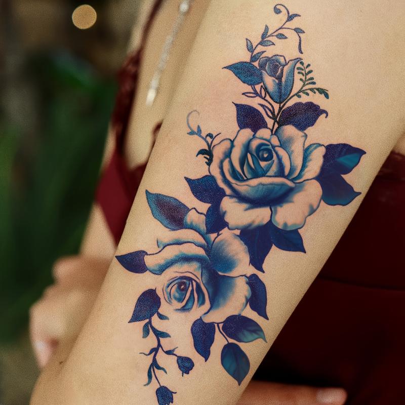 Realistic Temporary Tattoos - 6 Pre-Packaged Waterproof PVC Glitter Stickers (3 Themed, 3 Random Designs: Cool Blue Rose, Colorful, Butterfly), Normal, Unscented, Casual, Solid, Long-Lasting Beauty & Personal Care Makeup Accessory for Eyes, Arms