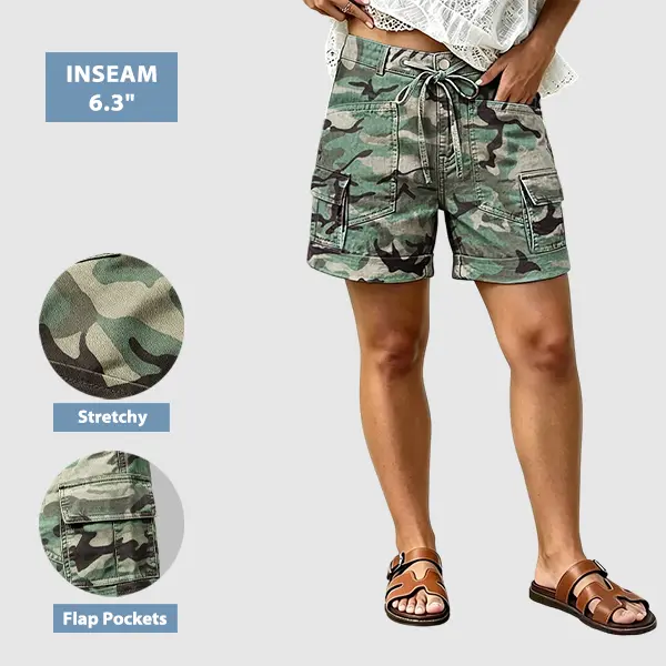 Flamingals Camo Drawstring Grommet Eyelet Roll Hem Dual Pocket High Waist Mid Thigh Shorts Womenswear Stretchy 6.3" Inseam